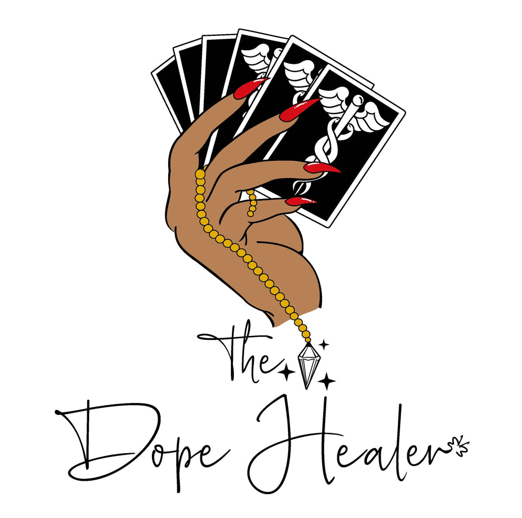 Logo of 'The Dope Healer' with a hand holding tarot cards on a white background.